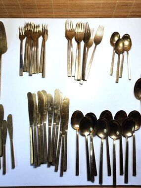 Vintage Mid Century Thai Bronze Flatware 59 Piece Set Thailand Gold Tone Cutlery
